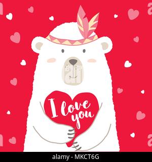 Illustrazione Vettoriale di Cartoon carino sostenere tenendo il cuore e scritte a mano ti amo per valentines card, cartelloni, t-shirt stampe, biglietti d'auguri. Illustrazione Vettoriale