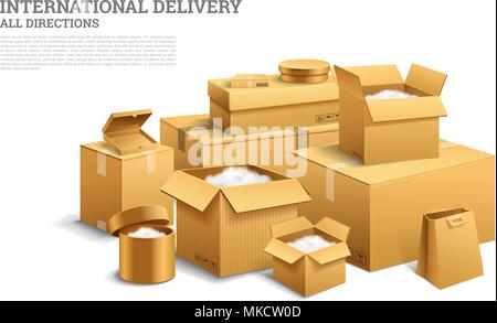 Pila di realistica impilati scatola di cartone. Consegna marrone. Astuccio vuoto, aprire e confezione sigillata con trasparente su sfondo bianco. Organizzato da strato. Contenitore per la spedizione e il trasporto e mail Illustrazione Vettoriale