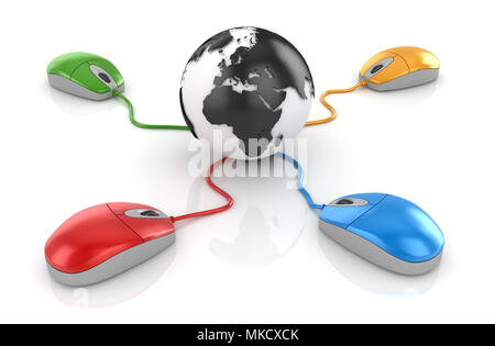 Colorato il mouse del computer collegato al Globe , questo è un rendering 3d generate computer immagine. Isolato su bianco. Foto Stock