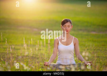 Ritratto di stupendo giovane donna a praticare yoga park- relax nella natura Foto Stock