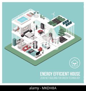 Energia contemporanea isometrica efficiente eco casa sezione trasversale e gli interni delle camere con persone: zero net building concept Illustrazione Vettoriale