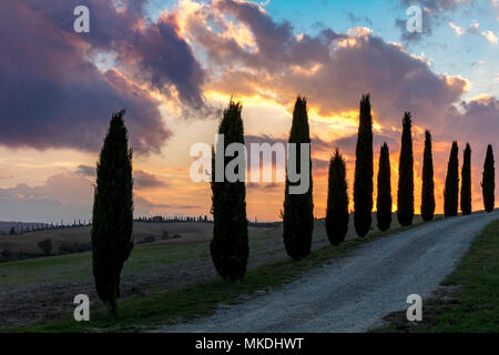 Le nuvole colorate al tramonto nella campagna Toscana nei pressi di San Quirico d'Orcia, Toscana, Italia Foto Stock