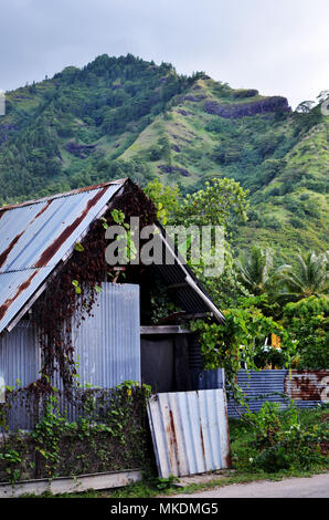 Il vecchio edificio in metallo con le montagne sullo sfondo. Moorea Tahiti Polinesia Francese Foto Stock