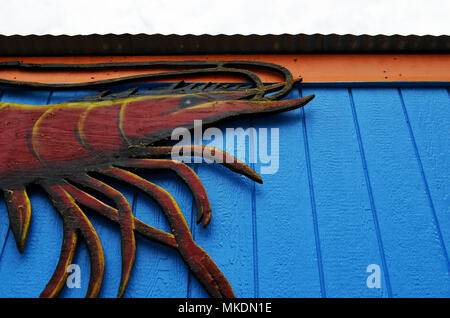 Gamberetto boreale cartello in legno. Prese a Fumis uscita gamberetti North Shore Oahu Hawaii. Foto Stock