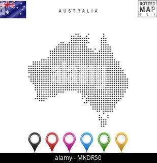 Vettore Mappa punteggiata di Australia. Semplice silhouette dell'Australia. Bandiera nazionale dell'Australia. Mappa multicolore set di marcatori Illustrazione Vettoriale