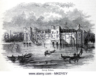 Il Savoy Palace, considerato il più grande palazzo nobiliare della Londra medievale, fu la residenza di Giovanni di Gaunt fino a quando non fu distrutto nella rivolta dei contadini del 1381, illustrazione d'epoca del 1880 circa Foto Stock