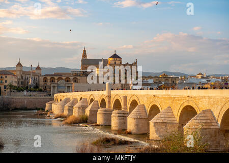 Puente Romano, il ponte romano sul Rio Guadalquivir, dietro la Mezquita, Catedral de Córdoba, Cordoba, Andalusia, Spagna Foto Stock