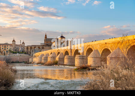 Puente Romano, il ponte romano sul Rio Guadalquivir, dietro la Mezquita, Catedral de Córdoba, Cordoba, Andalusia, Spagna Foto Stock