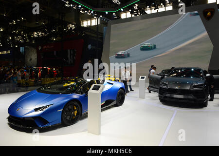 La piena gamma Lamborghini (Aventador, Huaracan e Urus SUV) era in mostra in Cina per la prima volta presso l'Auto Show la Cina a Pechino in aprile 2018 Foto Stock