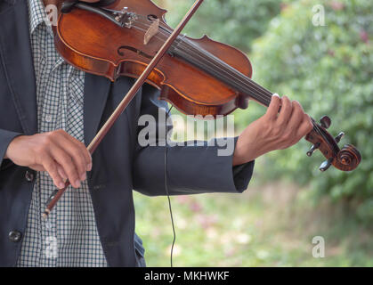 Le mani del musicista di suonare una canzone con violino nel parco sullo sfondo Foto Stock