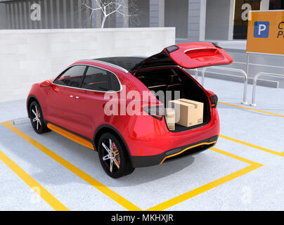 Vista posteriore del aperto auto rossa tronco con scatole di imballaggio all'interno. Concetto per baule auto Servizio di consegna. Il rendering 3D'immagine. Foto Stock