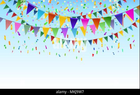 Festival Bandiere triangolari di sfondo. Bandiera ghirlande con bunting e streamers esplosione sfondo decorativo per divertimento parte colorata illustrat vettore Illustrazione Vettoriale