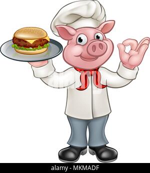 Personaggio dei cartoni animati Chef di maiale Holding Burger Illustrazione Vettoriale