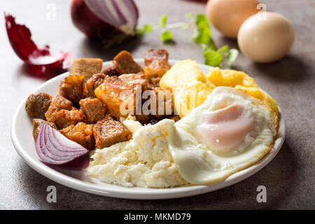 Tradizionale cibo Rumeno "Tochitura Moldoveneasca' fatta con carne di maiale, uova e formaggio con polenta sulla piastra Foto Stock