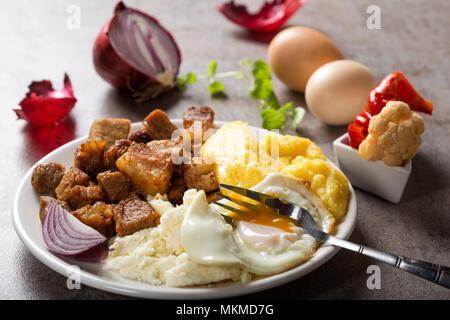 Tradizionale cibo Rumeno "Tochitura Moldoveneasca' fatta con carne di maiale, uova e formaggio con polenta sulla piastra Foto Stock