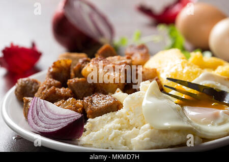 Tradizionale cibo Rumeno "Tochitura Moldoveneasca' fatta con carne di maiale, uova e formaggio con polenta sulla piastra Foto Stock