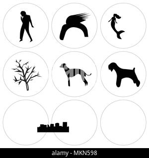 Set di 9 semplici icone modificabile come miniatura schnauzer, whippet, richmond sky, mesquite tree, edmonton mermaid, Donald Trump capelli, michael jackson Illustrazione Vettoriale