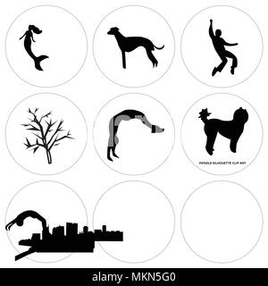 Set di 9 semplici icone modificabile come poodle, backflip, Cleveland sky, mesquite tree, dayton elvis, sf whippet, mermaid, può essere usato per il mobile, web Illustrazione Vettoriale