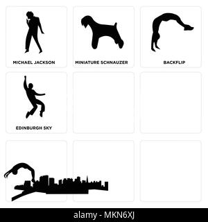 Set di 9 semplici icone modificabili come il cielo di Cleveland, libero nashville elvis, richmond Fort Worth edinburgh backflip, miniatura schnauzer, Michael martinetti Illustrazione Vettoriale