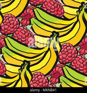 Vector seamless pattern di lamponi e banane. Disegnate a mano e illustrazione colorata Illustrazione Vettoriale