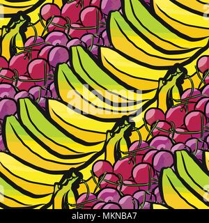 Vector pattern senza giunture di banane e ciliegie. Disegnate a mano e illustrazione colorata Illustrazione Vettoriale