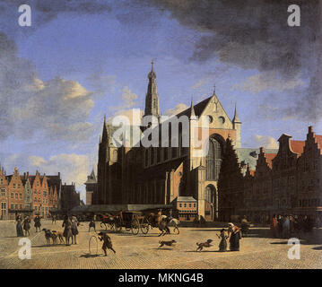 La piazza del mercato e il Grote Kerk ad Haarlem Foto Stock