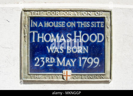 City of London targa blu segna il 1799 Luogo di nascita del poeta e umorista Thomas Hood Foto Stock