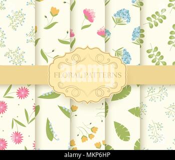 Insieme di raccolta di floral seamless pattern. foglie, molla, fiori, estate Illustrazione Vettoriale