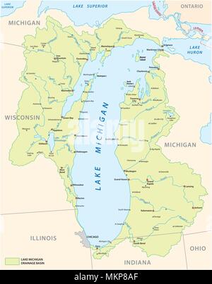 Il lago michigan del bacino scolante mappa vettoriale Illustrazione Vettoriale