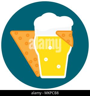 Chip di mais abbracci un bicchiere di birra fredda con la schiuma di icona di stile di piatto illustrazione vettoriale Illustrazione Vettoriale