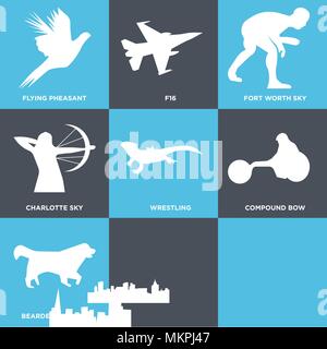 Set di 9 semplici icone modificabili come il Bovaro del Bernese, sedia a rotelle racing, Drago barbuto, arco composto, wrestling, charlotte sky, Fort Worth f16 Illustrazione Vettoriale