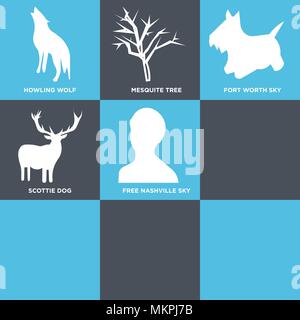 Set di 9 semplici icone modificabile come femmina headshot, Edimburgo sky, clip art gratuite cervi, dayton nashville scottie dog, Fort Worth mesquite tree, come Illustrazione Vettoriale