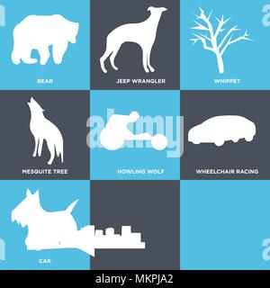 Set di 9 semplici icone modificabile come scottie dog, dayton sky, auto, sedia a rotelle racing, urlando Wolf, mesquite tree, whippet, Jeep Wrangler, orso, può Illustrazione Vettoriale