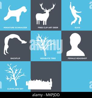 Set di 9 semplici icone modificabile come mesquite tree, charleston sky, Cleveland femmina, headshot backflip, elvis, clip art gratuite cervi, schnau in miniatura Illustrazione Vettoriale