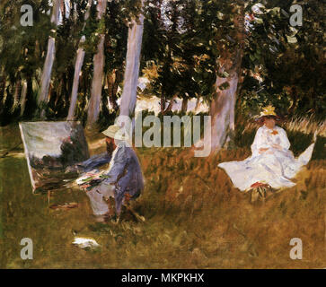 Claude Monet pittura presso il bordo di un legno Foto Stock