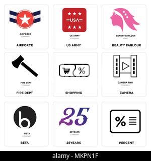 Set di 9 semplici icone modificabile come percento, 25anni, beta, fotocamera, Shopping, fire dept, salone di bellezza, us army, Aeronautica Militare, può essere usato per il mobile, Illustrazione Vettoriale