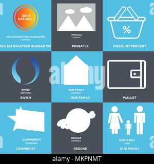 Set di 9 semplici icone modificabile come la nostra famiglia, reggae, comunista, il portafoglio, raffinati, percentuale di sconto, Pinnacle, garanzia di soddisfazione al 100%, può essere us Illustrazione Vettoriale