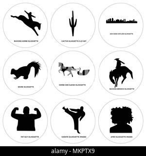 Set di 9 semplici icone modificabile come afro, karate, fat guy, strappi bronco, cavallo e slitta, skunk, san diego sky, cactus, cavallo, possono essere utilizzati per m Illustrazione Vettoriale