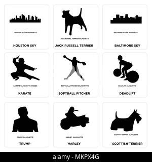 Set di 9 semplici icone modificabile come scottish terrier, Harley, Trump, deadlift, softball pitcher, karate, baltimore sky, jack russell houston può essere Illustrazione Vettoriale