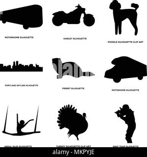 Set di 9 semplici icone modificabile come team SWAT, Turchia, antenna sete, camper, ferret, portland sky, poodle, Harley, può essere usato per il mobile, web Illustrazione Vettoriale