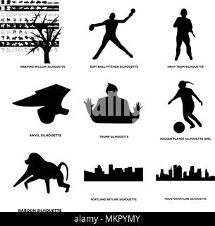 Set di 9 semplici icone modificabile come houston sky, portland babbuino, giocatore di calcio, Trump, incudine, swat team, softball pitcher, salice piangente, può essere Illustrazione Vettoriale