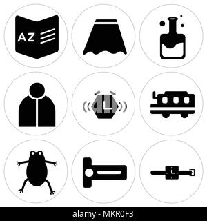 Set di 9 semplici icone modificabile come guardare, Affilatrice, rana, scuola bus, sveglia, insegnante, pallone, uniforme, Dizionario, può essere usato per il mobile, w Illustrazione Vettoriale