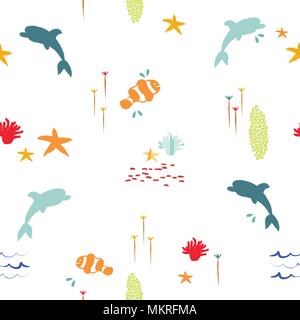 In estate la vita di mare seamless pattern con sfondo disegnato a mano le icone di animale di Dolphin, clownfish, corallo e stelle marine. EPS10 vettore. Illustrazione Vettoriale