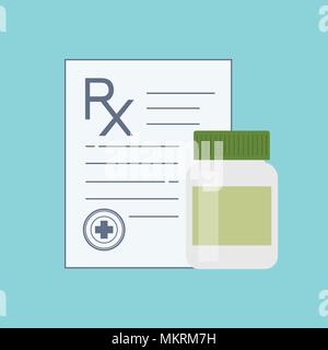 Bottiglia di medicina per pillole, droga, compresse, capsule di vitamine. Medico di contenitore di capsule. Prescrizione medica Rx segno. Mock up per il tuo design. Isola Illustrazione Vettoriale