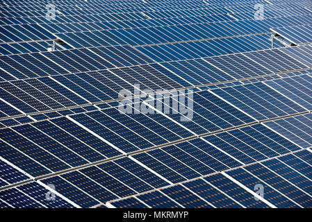 Close up di una fila di pannelli solari in un campo aperto con più pannelli fotovoltaici, Calasparra, Murcia, Spagna Foto Stock