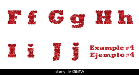 Lettere F, G, H, I, J, lettere maiuscole e minuscole dell'alfabeto realizzato da cuori Foto Stock