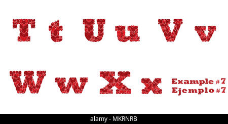 Lettere T, U, V, W, X, lettere maiuscole e minuscole dell'alfabeto realizzato da cuori Foto Stock
