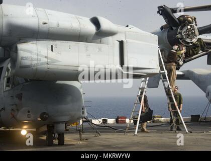 180507-N-ZG607-0102 U.S. 5TH FLOTTA AREA DI OPERAZIONI (7 maggio 2018) Marines assegnato al XXVI Marine Expeditionary Unit di eseguire le operazioni di manutenzione su una MV-22 Osprey sul ponte di volo a bordo del Wasp-classe assalto anfibio nave USS Iwo Jima (LHD 7), 7 maggio 2018, 7 maggio 2018. Iwo Jima, homeported a Mayport, Fla. è distribuito negli Stati Uniti Quinta Flotta area di operazioni a sostegno della sicurezza marittima operazioni per rassicurare gli alleati e partner e preservare la libertà di navigazione e il libero flusso di commercio nella regione. (U.S. Foto di Marina di Massa Specialista comunicazione marinaio Dominick A. crema Foto Stock