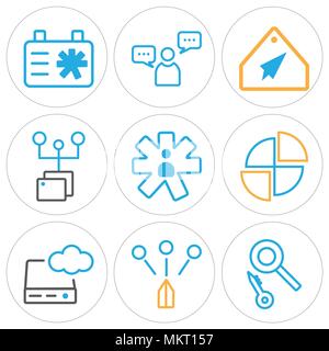 Set di 9 semplici icone modificabile come lente di ingrandimento, server grafico a torta, utente, la cartella, tag, appunti, può essere usato per il mobile, web Illustrazione Vettoriale
