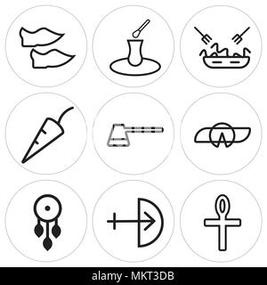 Set di 9 semplici icone modificabili quali Ankh, prua, Dreamcatcher, Fortune cookie, caffè, peperoncino, Pasta, tè, scarpe, può essere usato per il mobile, web Illustrazione Vettoriale